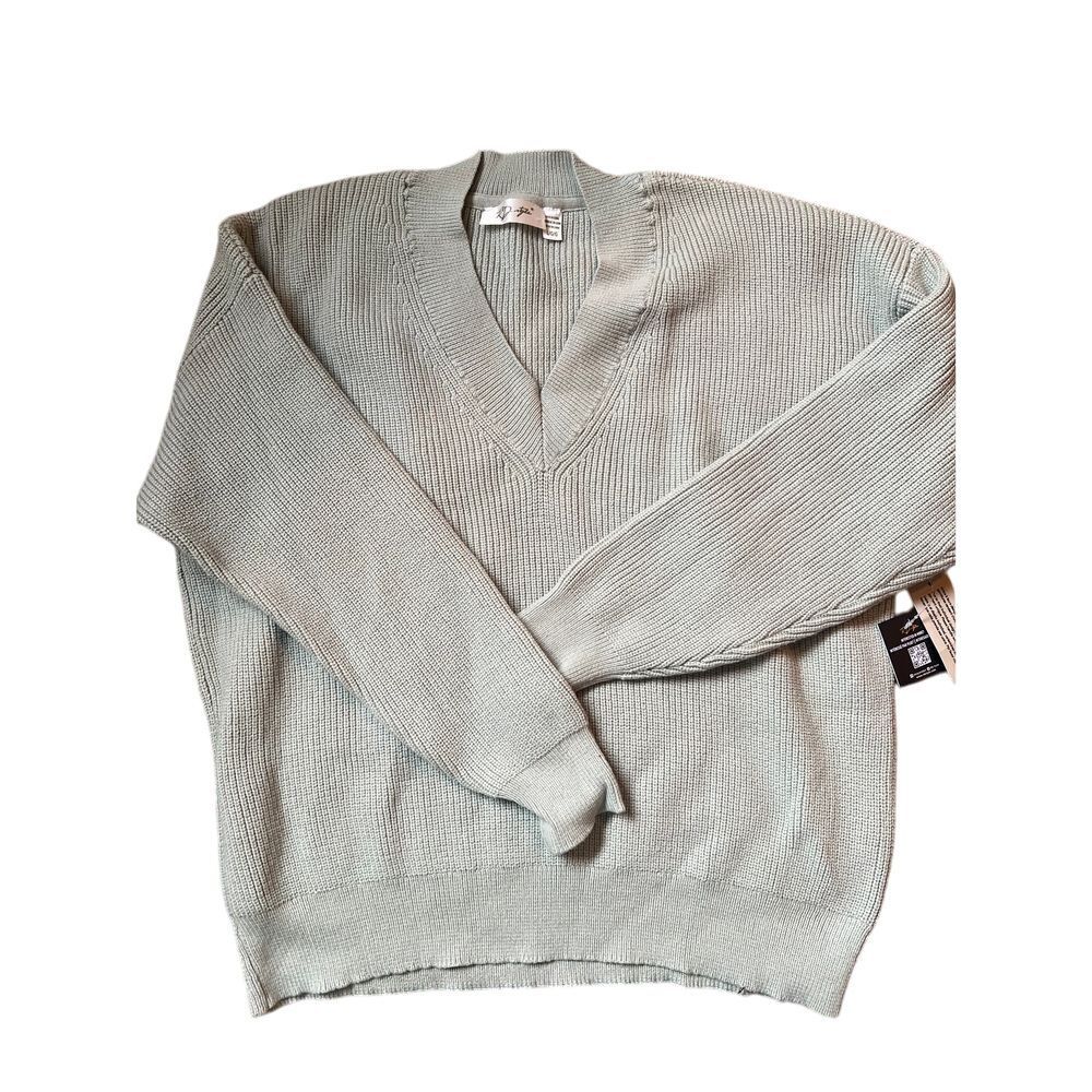 RD Style Light Green Ribbed V-Neck Sweater Cozy Oversized Knit Pullover L/G‎